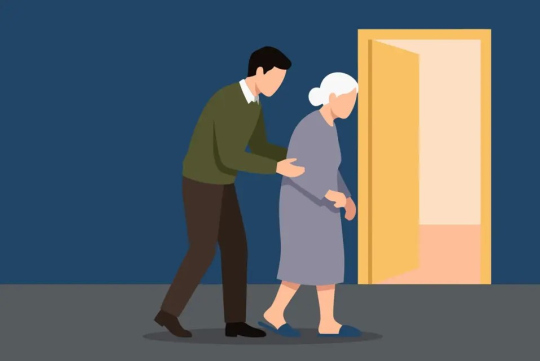 Eine Grafik die einen Mann und eine ältere Dame zeigt. Der Mann stützt die Frau wie sie über einen Flur geht. Die Farben der Grafik sind in blau und grau gehalten.
