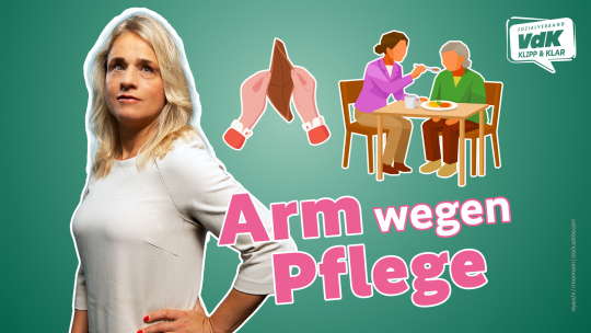 Frau mit ernstem Gesichtsausdruck neben einer Infografik mit Händen und einer Szene, in der eine Person eine ältere Person füttert, sowie dem Schriftzug: Arm wegen Pflege.