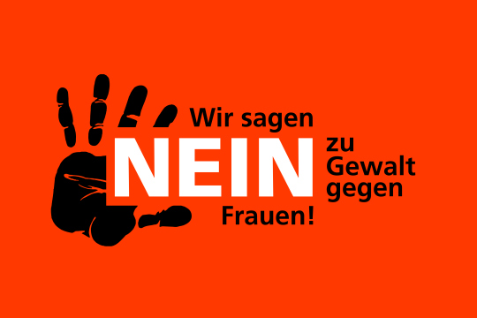 Eine orangene Grafik mit schwarzem Handabdruck und dem Schriftzug: Wir sagen NEIN zu Gewalt gegen Frauen!