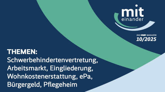 Zu sehen ist eine blau-grüne Grafik mit einem Logo "Miteinander-Das TV-Magazin" und den Themenschwerpunkten dieser Sendung.