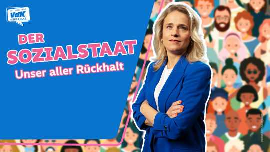 Eine Grafik zeigt die VdK-Präsidentin Verena Bentele in einem blauen Blazer von einer illustrierten Menschenmenge. Der Slogan lautet "Der Sozialstaat - Unser aller Rückhalt".