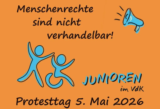Eine Grafik mit orangenen Hintergrund. Die Grafik zeigt unter anderem ein blaues Megaphone und das Wording: Menschenrechte sind nicht verhandelbar. Junioren im VdK.